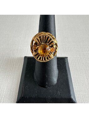 1960s Gold Tone Amber Rhinestone Cocktail Ring High Dome Adjustable Size 6.5